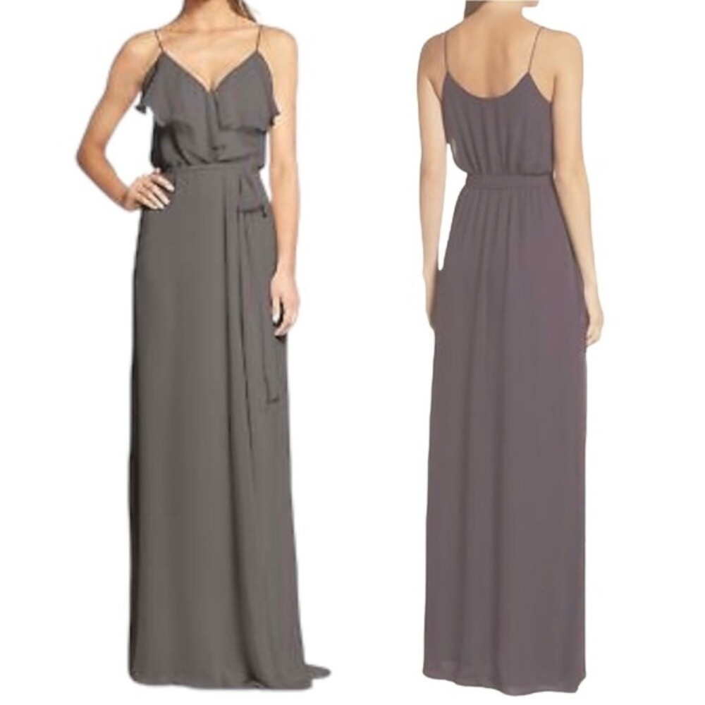 Nouvelle Amsale Drew Gray Chiffon Ruffle Wrap Spaghetti Strap Slip Dress Size XL - Picture 14 of 14